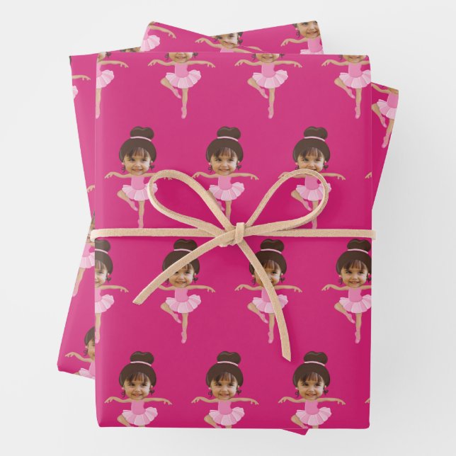Cute Ballerina Girl Customized Kids Photo Pink Wrapping Paper Sheet (In situ)