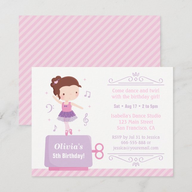 Cute Ballerina Girl Music Box Birthday Party Invitation (Front/Back)