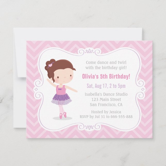 Cute Ballerina Girl Pink Chevron Birthday Party Invitation (Front)