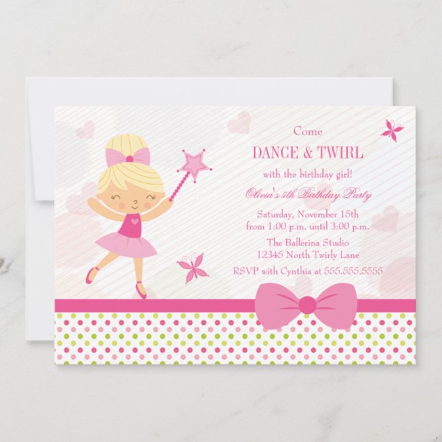 Cute ballerina girl's birthday party invitation (Front)