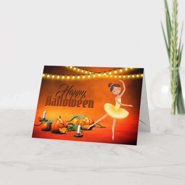 Cute Ballerina Halloween and Pumpkins Dance Holiday Card (Front)