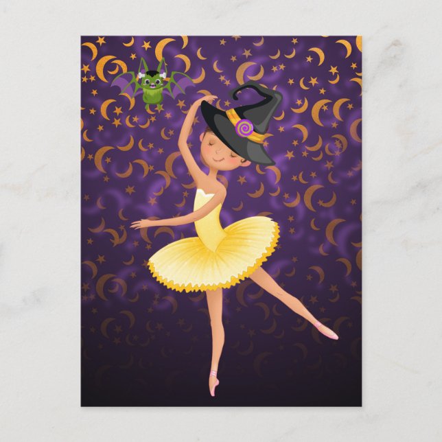 Cute Ballerina Halloween Bat and Moons Ballet Postcard (Front)
