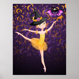 Cute Ballerina Halloween Bat and Moons Ballet Poster