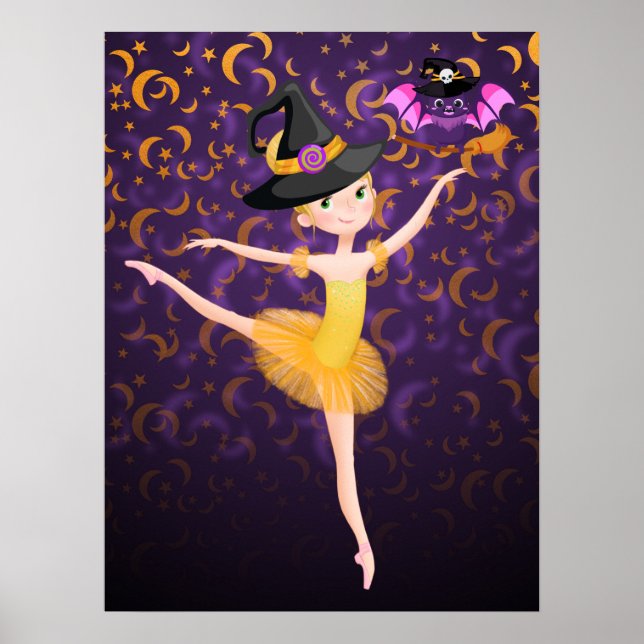 Cute Ballerina Halloween Bat and Moons Ballet Poster (Front)