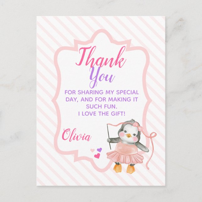Cute Ballerina Penguin Birthday Thank You Postcard (Front)