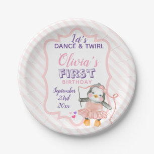 Cute Ballerina Penguin Pink 1st Birthday Party Pap Paper Plate