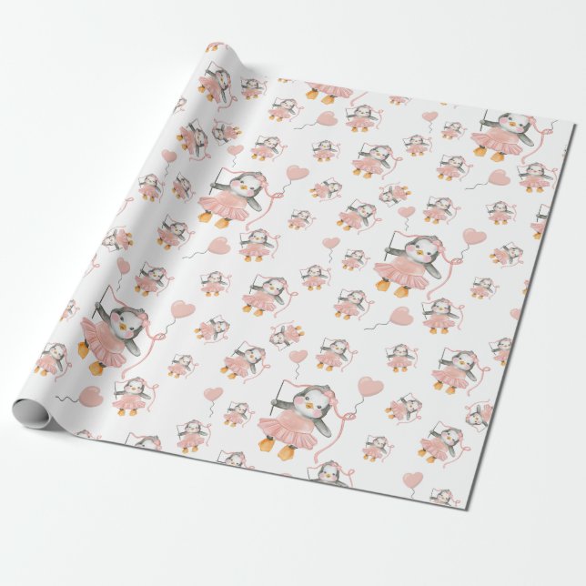 Cute Ballerina Penguin Pink Wrapping Paper (Unrolled)