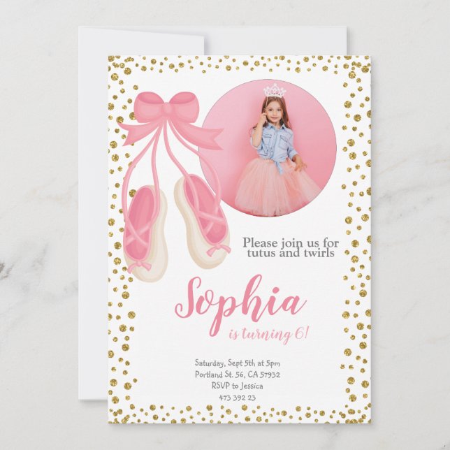 Cute Ballerina Pink Gold Glitter | Girl Birthday Invitation (Front)