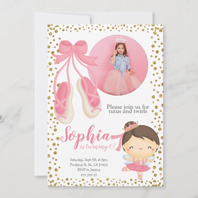 Cute Ballerina Pink Gold Glitter | Photo Birthday Invitation (Front)