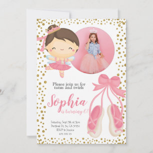 Cute Ballerina Pink Gold Glitter   Photo Birthday Invitation