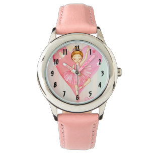 Cute Ballerina Stars and Hearts Girls Pink Watch