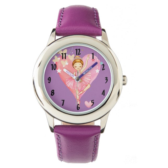 Cute Ballerina Stars Hearts Purple Girls Watch (Front)