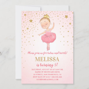 Cute Ballerina Watercolor Pink Gold Girl Birthday Invitation