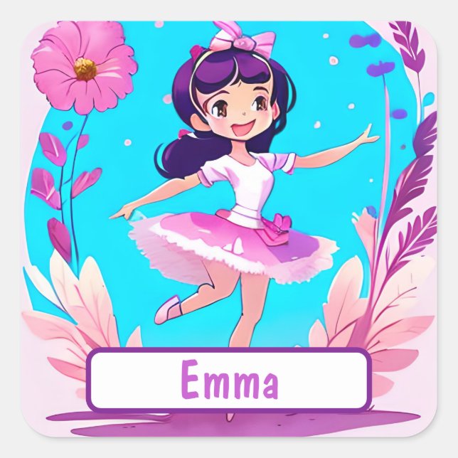 Cute Ballerina With Customisable Nametag Square Sticker (Front)