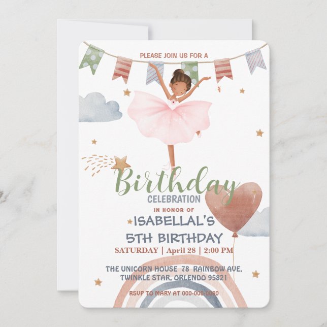 Cute Ballet afro Balloon Birthday girls party Invitation (Front)