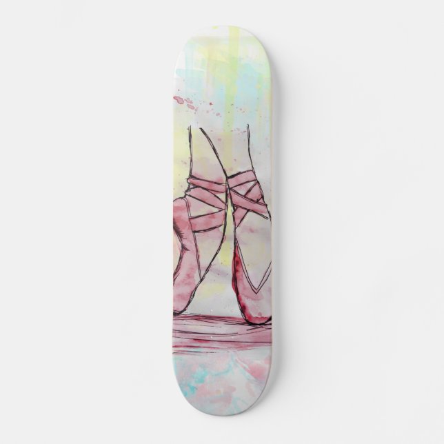 Cute Ballet shoes sketch Watercolor hand drawn Skateboard (Front)