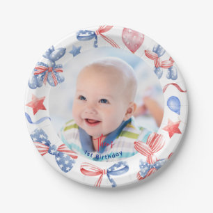 Cute Balloon 4th July 1st Birthday Photo Paper Plate