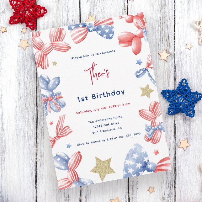 Cute Balloon Baby Boy 1st Birthday 4th July Party Invitation (Creator Uploaded)