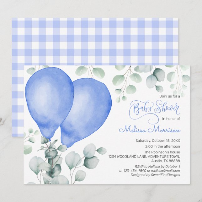 Cute Balloon Baby Boy Shower Invitation (Front/Back)