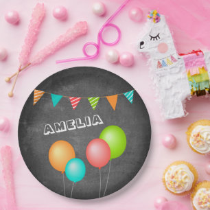 Cute Balloon Bunting Flag Chalkboard Kid Birthday Paper Plate