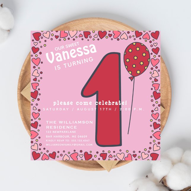 Cute Balloon - Pink Kids 1st Birthday Invitation (Creator Uploaded)