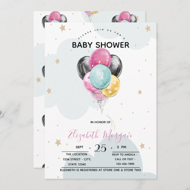 Cute Balloons,Stars,Clouds Invitation (Front/Back)
