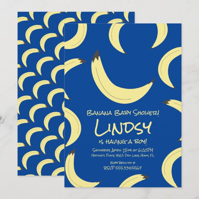 Cute Banana Blue Boy Baby Shower Invitation (Front/Back)