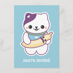 Cute Banana Cat Birthday Party Invitations