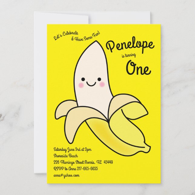 Cute Banana Kids 1st Birthday Party Kawaii Invitation (Front)
