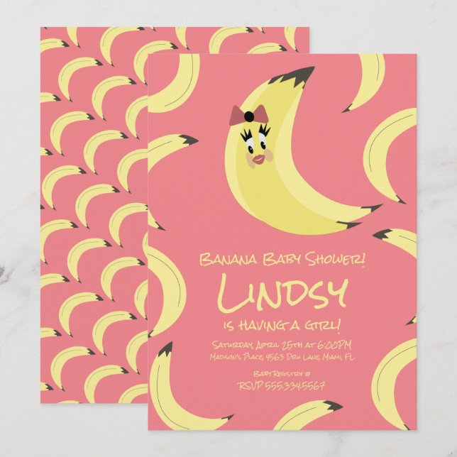 Cute Banana Pink Girls Baby Shower Invitation (Front/Back)