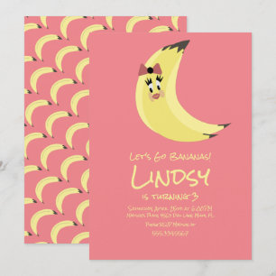 Cute Banana Pink Girls Birthday Party  Invitation