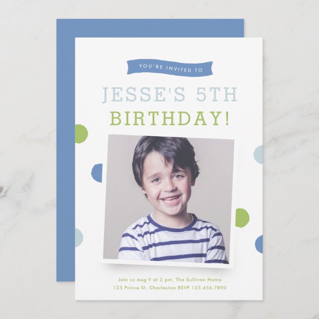 Cute Banner Polk a Dot Boys photo birthday party Invitation (Front/Back)