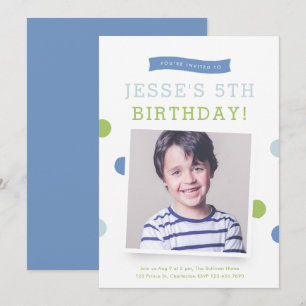 Cute Banner Polk a Dot Boys photo birthday party Invitation