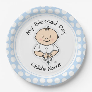 Cute Baptism 9" Plate - Baby Boy with Rosary