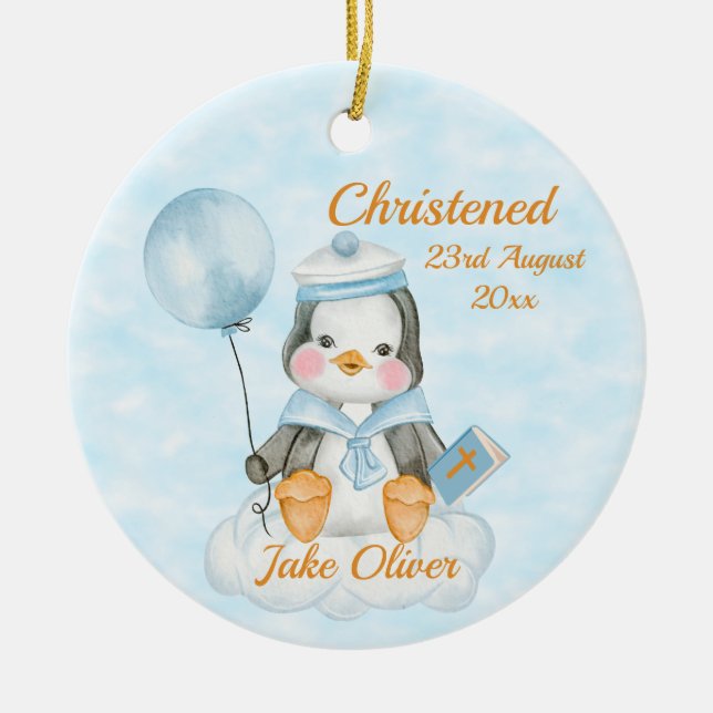 Cute Baptism Baby Boy Penguin Blue  Ceramic Tree Decoration (Front)