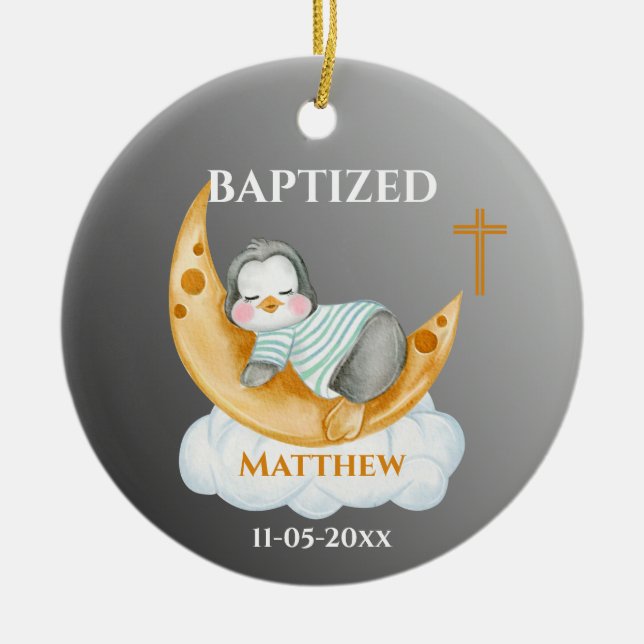 Cute Baptism Baby Penguin And Moon  Ceramic Tree Decoration (Front)
