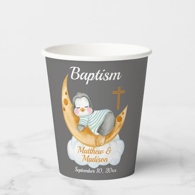 Cute Baptism Baby Penguin And Moon  Paper Cups (Front)