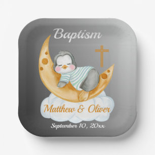 Cute Baptism Baby Penguin And Moon Paper Plate