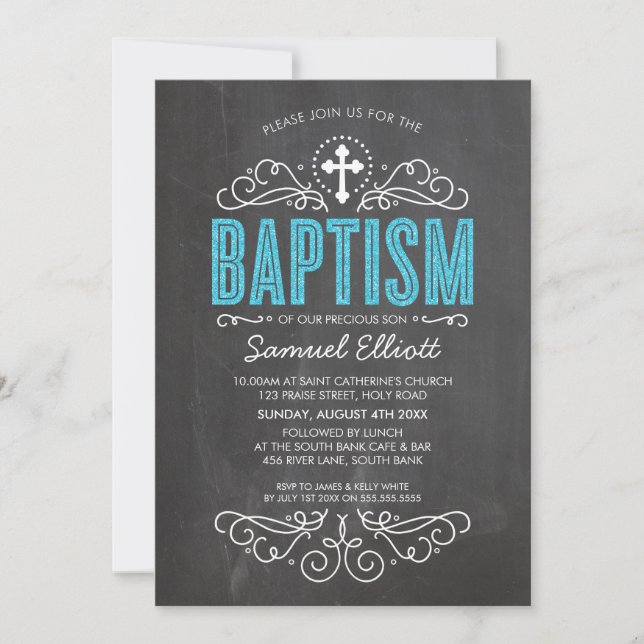 CUTE BAPTISM elegant blue glitter type chalkboard Invitation (Front)