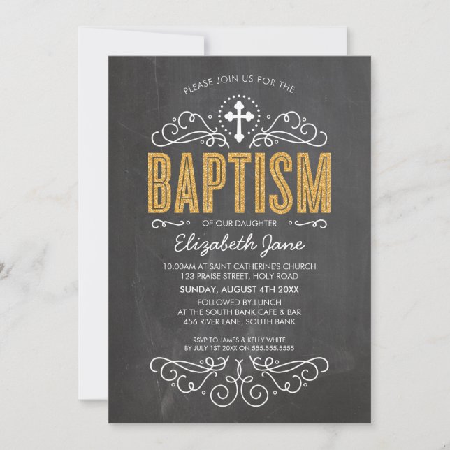 CUTE BAPTISM elegant gold glitter type chalkboard Invitation (Front)