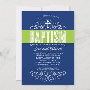 CUTE BAPTISM elegant swirls bold navy blue green Invitation