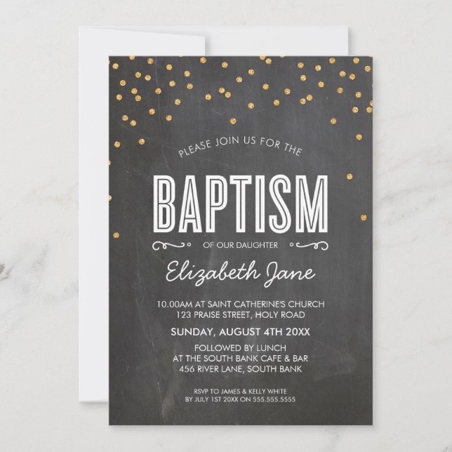 CUTE BAPTISM gold glitter confetti on chalkboard Invitation (Front)