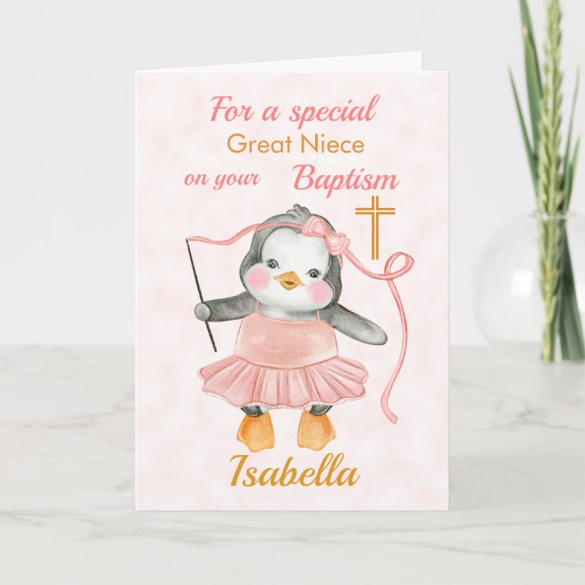 Cute Baptism Penguin Ballerina Pink Card (Front)