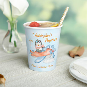 Cute Baptism Watercolor Baby Penguin Aeroplane Paper Cups