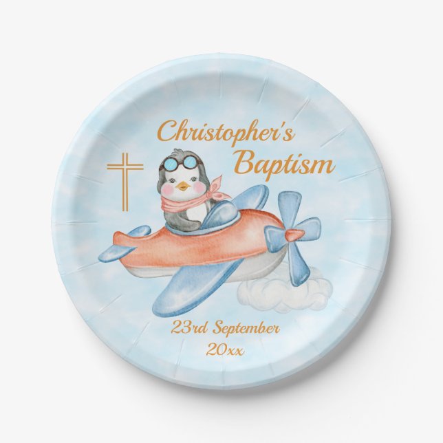 Cute Baptism Watercolor Baby Penguin Aeroplane Paper Plate (Front)