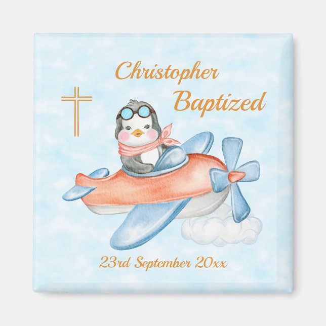 Cute Baptism Watercolor Baby Penguin Airplane Magnet (Front)