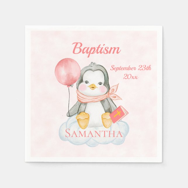 Cute Baptism Watercolor Baby Penguin Pink Paper  Napkin (Front)