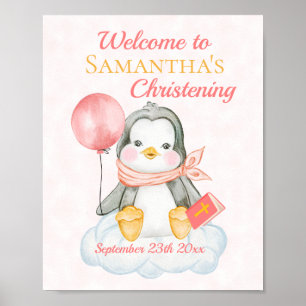 Cute Baptism Watercolor Baby Penguin Pink Welcome Poster