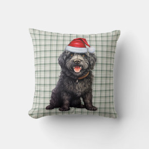 Cute Barbet Dog Green Plaid Christmas Holiday Cushion