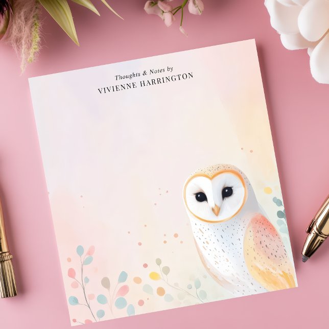 Cute Barn Owl Pastel Feathers Personalised Name Notepad (Creator Uploaded)